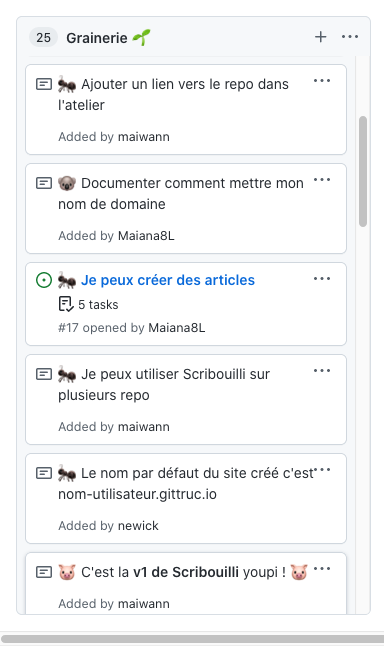 La liste des futures fonctionnalités : avoir un lien vers le repo dans l'atelier, documenter comment mettre mon nom de domaine, je peux créer des articles, je peux utiliser scribouilli sur plusieurs repo, c'est la v1 de Scribouilli youpi !